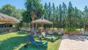 A patio area with two lounge chairs, a thatched umbrella, and a potted plant.