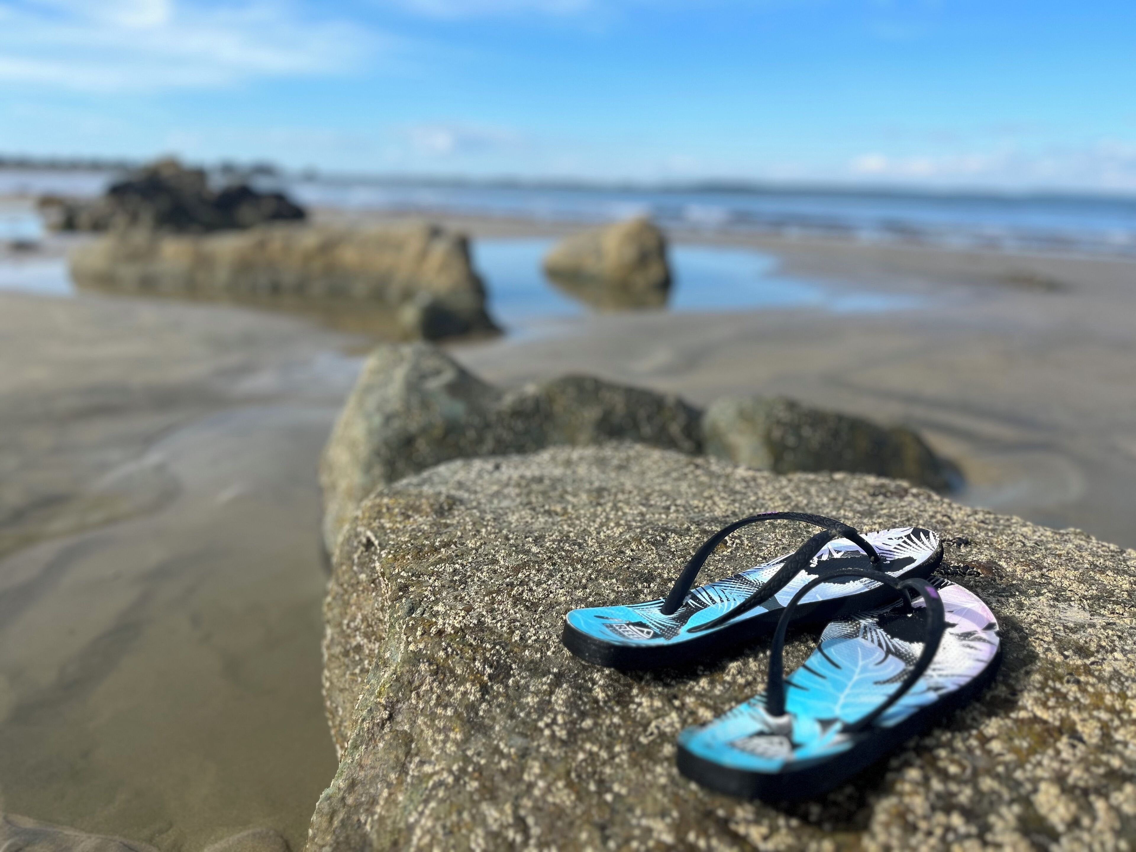 Une paire de tongs posée sur un rocher, avec une plage et l’océan en arrière-plan.