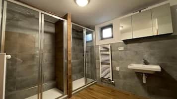 Shower, towels, toilet paper