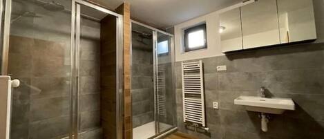 Shower, towels, toilet paper