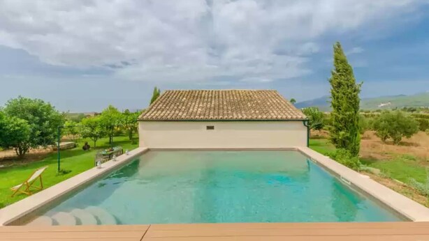Una piscina con techo de cerámica, rodeada de follaje y un cielo despejado.