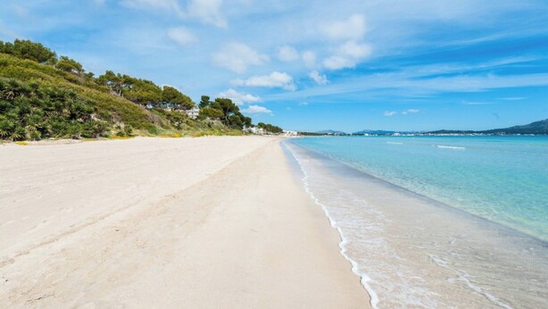 Een strand met helderblauw water, een zandstrand en begroeiing op de heuvel.