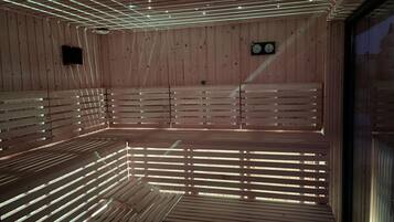 A sauna with wooden benches and a ceiling with embedded lights.