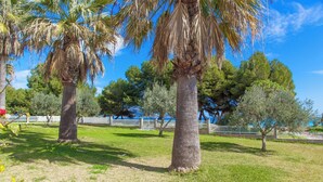 A park with palm trees and a white fence in the background. - Sun Of The Bay Vidalba 2 (b2 - A2) - Apartment (Port D'alcudia, Illes Balears)