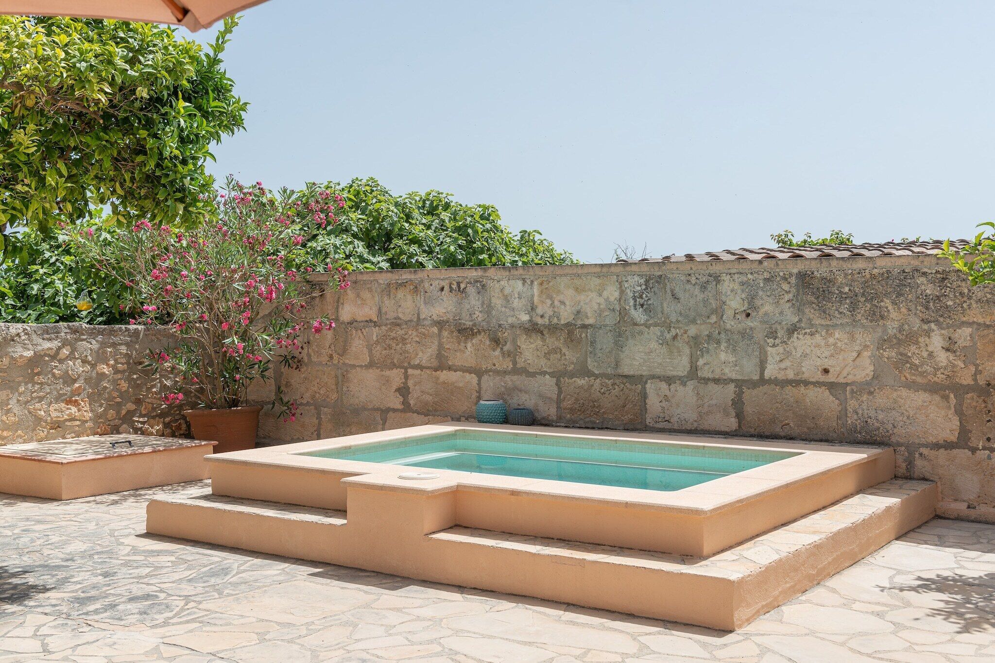 A rectangular pool with steps leading up to it, surrounded by stone walls and potted plants.