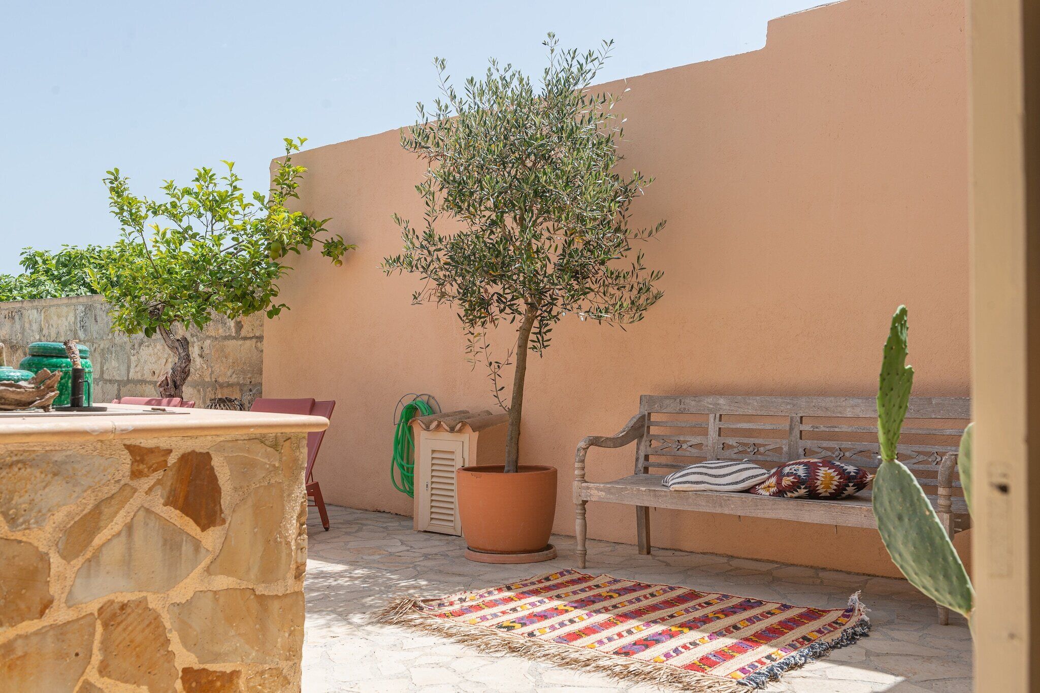 A patio with a stone table, a wooden bench, a potted olive tree, and a colorful rug.