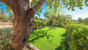 A well-maintained garden with a large tree, a neatly trimmed lawn, and various shrubs. - Es Garroveral 3  - Villa With Private Pool (Bunyola, Illes Balears)