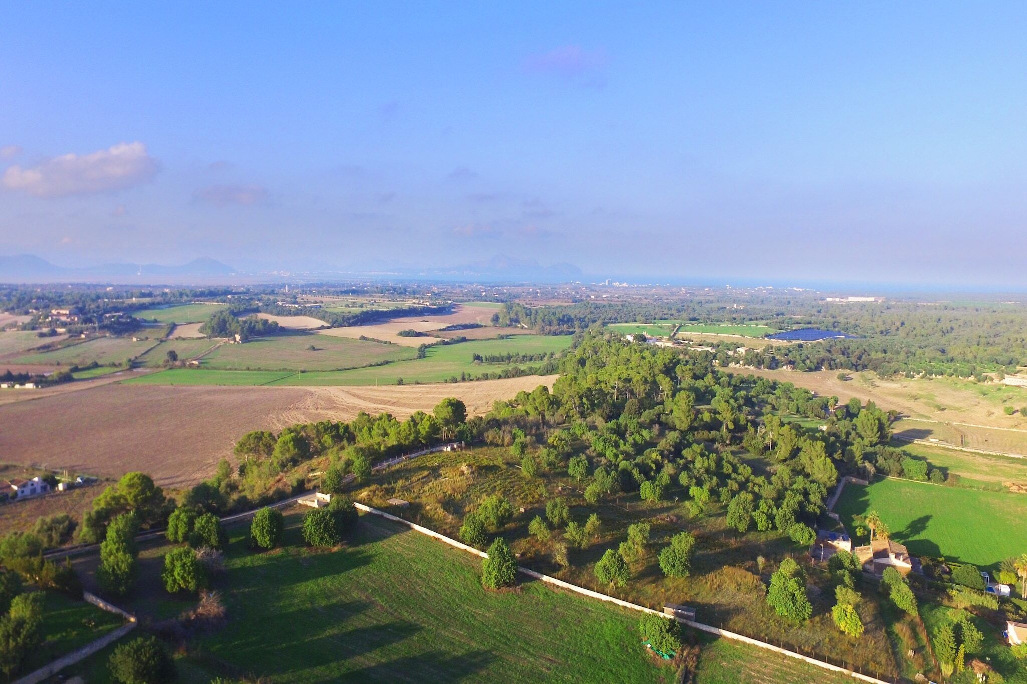 Luchtbeeld van een landelijk gebied met velden, bomen en verspreide gebouwen.