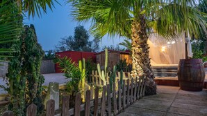 A wooden fence, cacti, a palm tree, and a stone structure with a water feature. - Es Blanquer De Na Fani - Villa With Private Pool (Binissalem, Illes Balears)