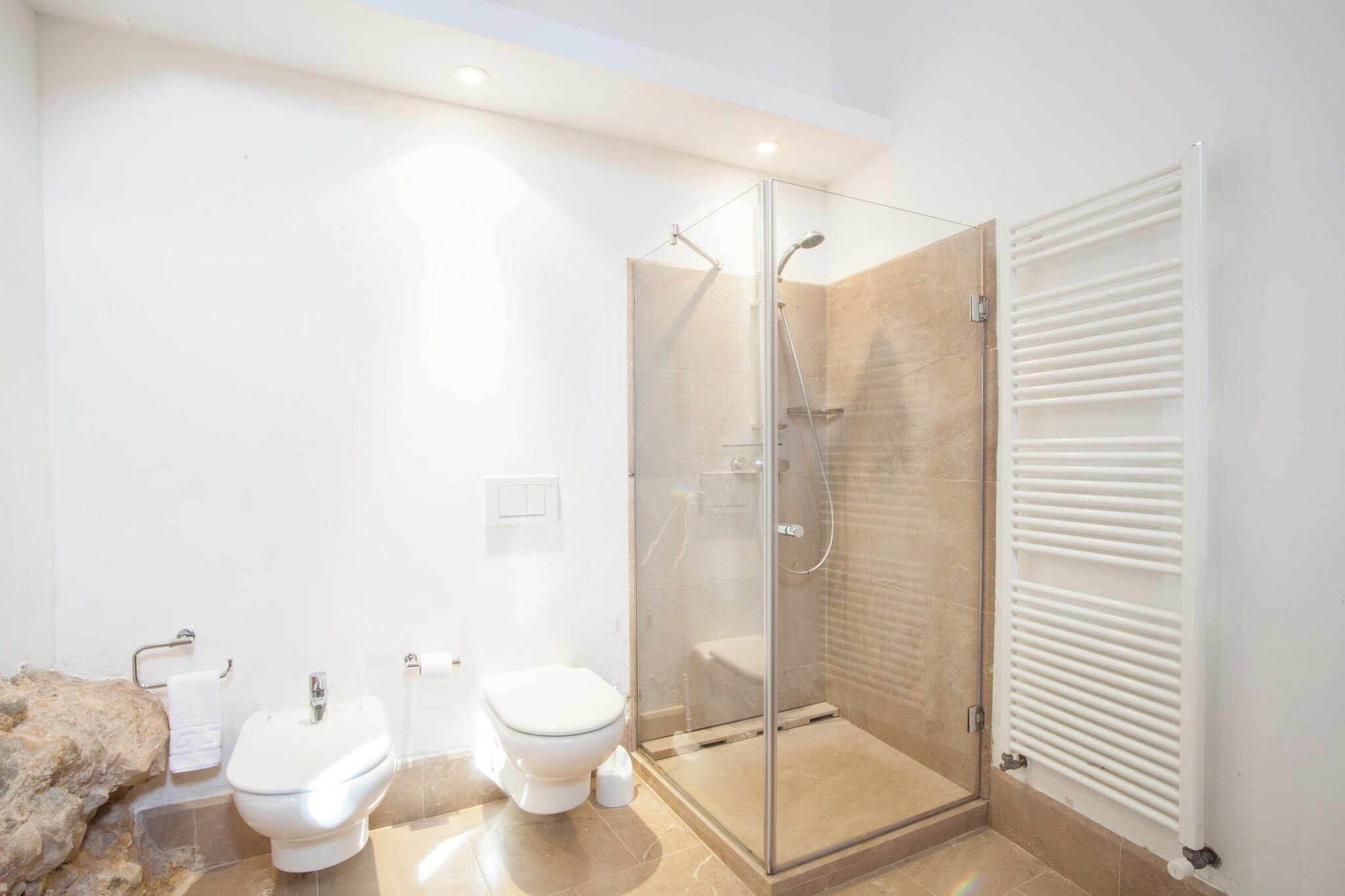 A modern bathroom with a glass-enclosed shower, a toilet, and a bidet.