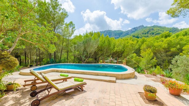 A swimming pool with lounge chairs, surrounded by trees and a mountainous backdrop. - Casa Mas - Villa With Private Pool In Felanitx (Felanitx, Illes Balears)