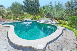 Una piscina de borde curvo, rodeada por una terraza de piedra y abundante vegetación.