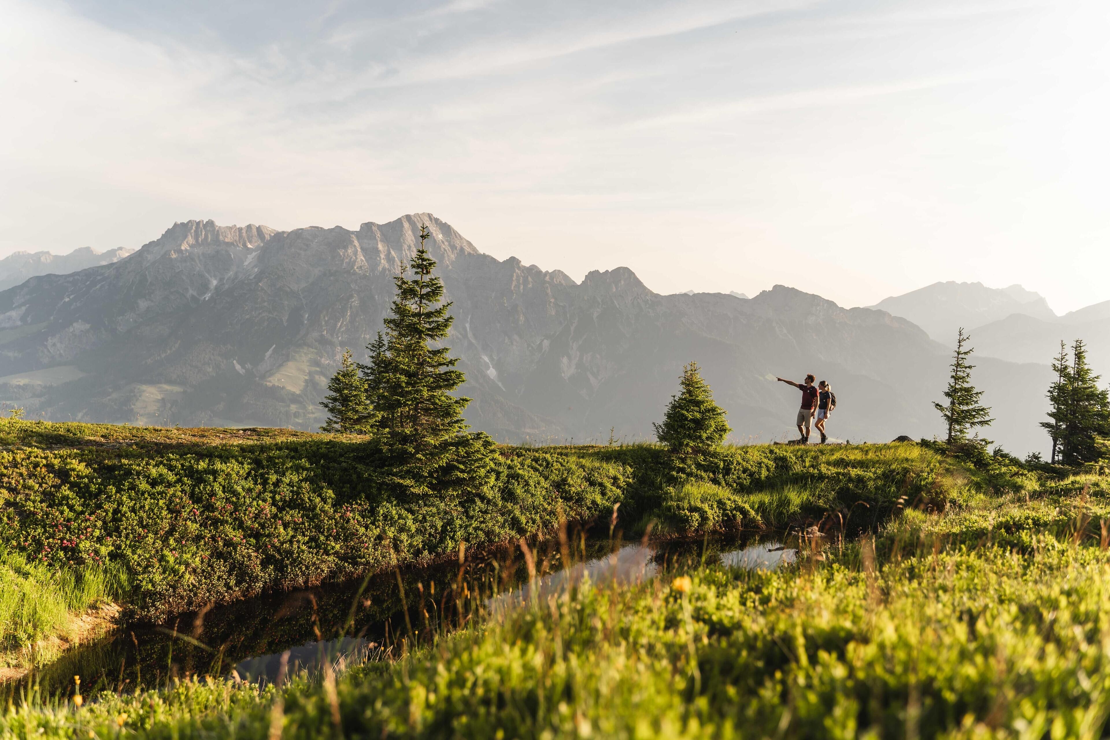 A mountainous landscape with a small stream, lush greenery, and two hikers in the distance.