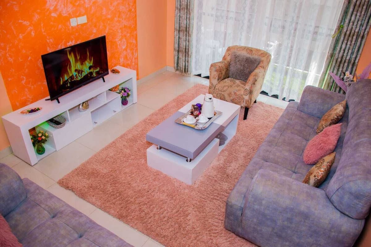 A living room with a flat-screen TV on a white console, a patterned armchair, a grey sofa, and a pink rug.