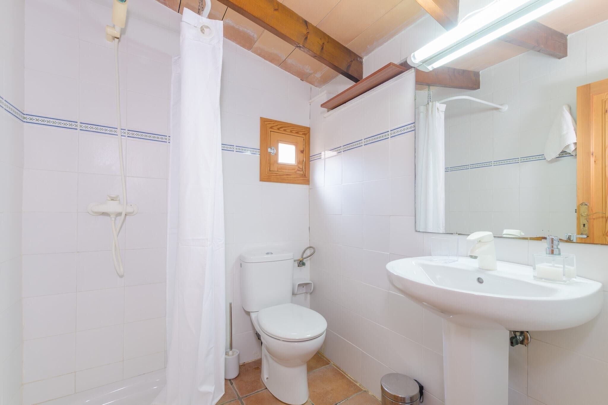 A bathroom with a shower, toilet, sink, and mirror.