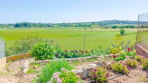 A garden with a variety of plants and flowers, a fence, and a view of a green field and distant hills. - Es Pont Den Teulari Nou - Villa With Private Pool (Manacor, Illes Balears)
