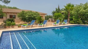 A swimming pool with blue tiles, surrounded by lounge chairs with green cushions. - Can Ribas - Villa With Private Pool. Free Wifi (Can Picafort, Illes Balears)