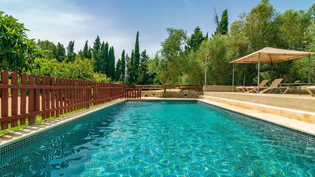 A rectangular swimming pool with clear blue water, surrounded by a wooden fence and stone walls.