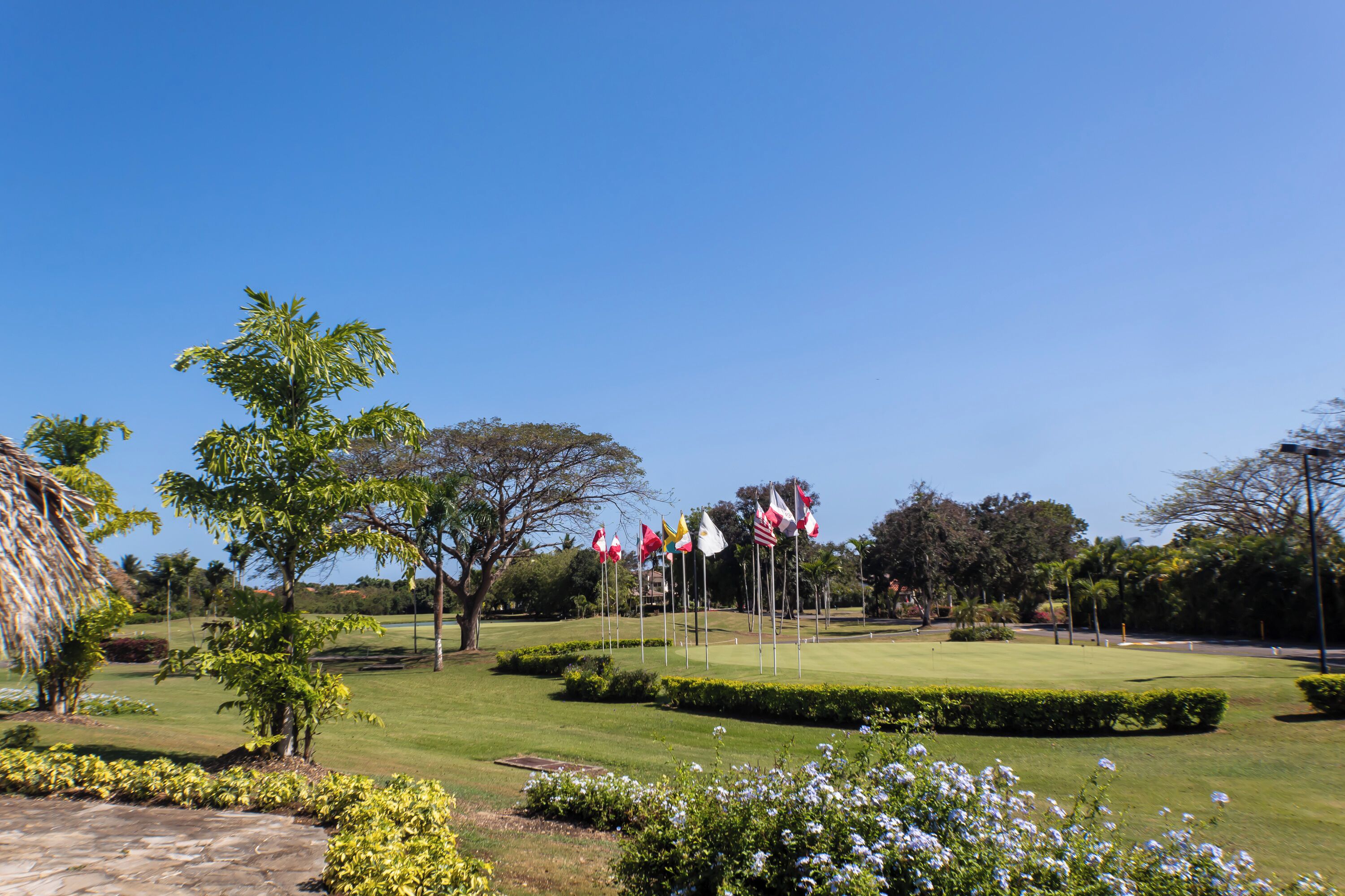 Ein gepflegter Golfplatz mit ordentlich gestutztem Gras, verschiedenen Bäumen und einer Reihe von Fahnen.