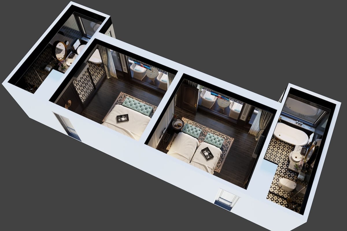 A 3D floor plan of a hotel room with a bathroom, a sitting area with a sofa and armchairs, and a small dining table.