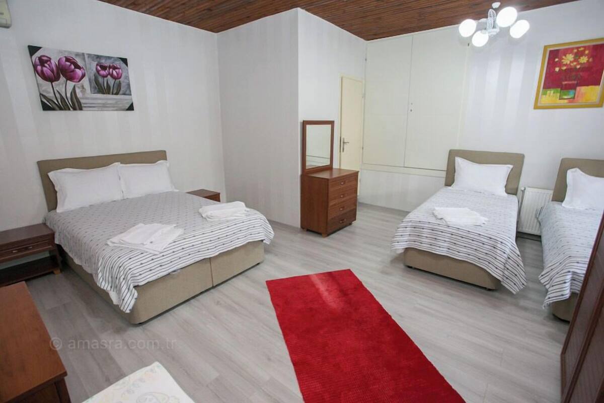 Un dormitorio con dos camas, un aparador de madera, una alfombra roja y obras de arte en las paredes.