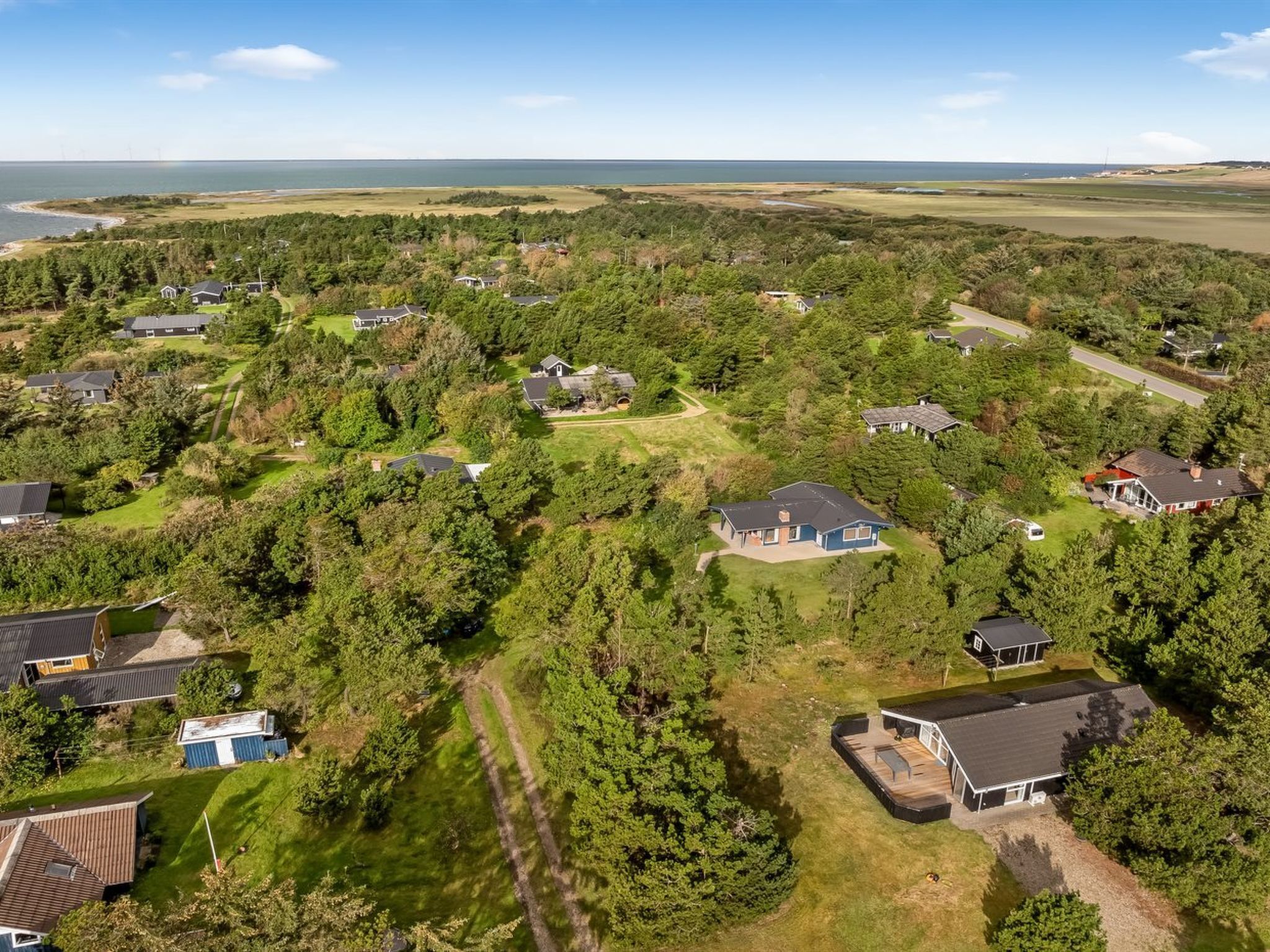 An aerial view of a residential area with houses surrounded by dense greenery and a coastline in the background.