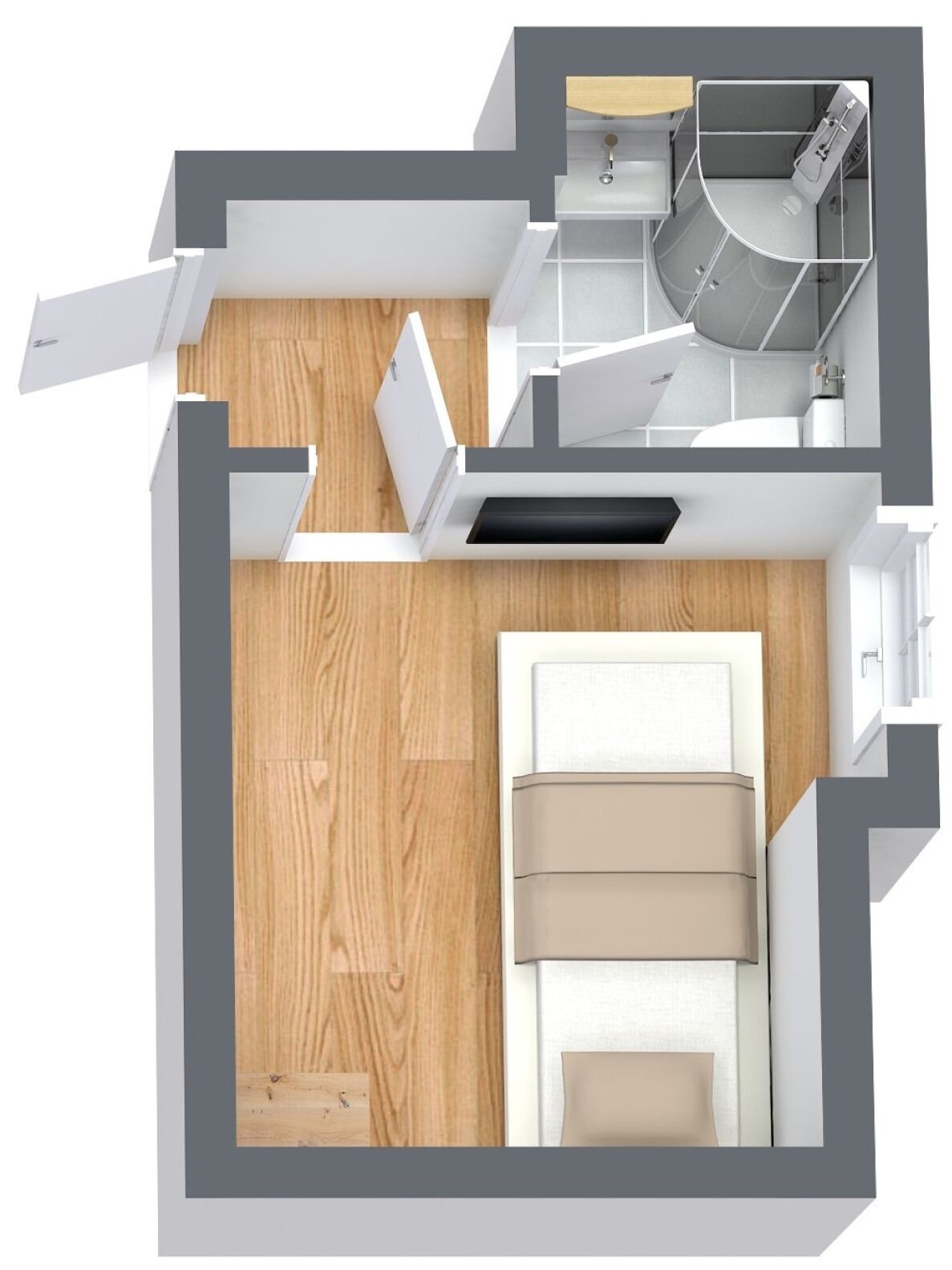 Een 2D plattegrond van een kamer met een bed, een klein bureau en een gebogen zithoek.