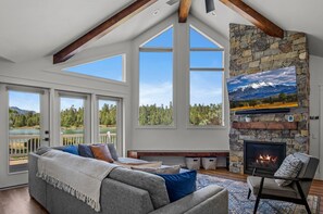 Smart TV, fireplace, foosball