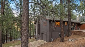 A cabin with a brick pathway leading to the entrance, surrounded by tall pine trees. - Eternal Treehouse | Hot Tub, Outdoor Paradise, Entertainment & Scenic Pine Views (Flagstaff)