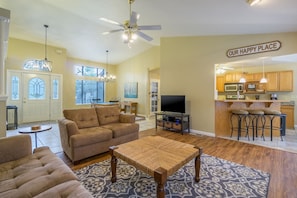 Smart TV, fireplace, DVD player, foosball