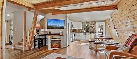 Smart TV, fireplace, video games, DVD player