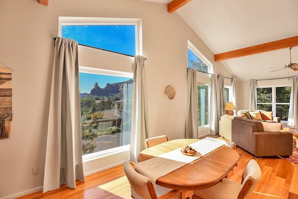 Welcome to Red Rock Magnificence by PORTER! Nestled in the serene Village of Oak Creek, this single-level Sedona retreat offers breathtaking views of Bell Rock, Courthouse Rock, and Castle Rock from every window.