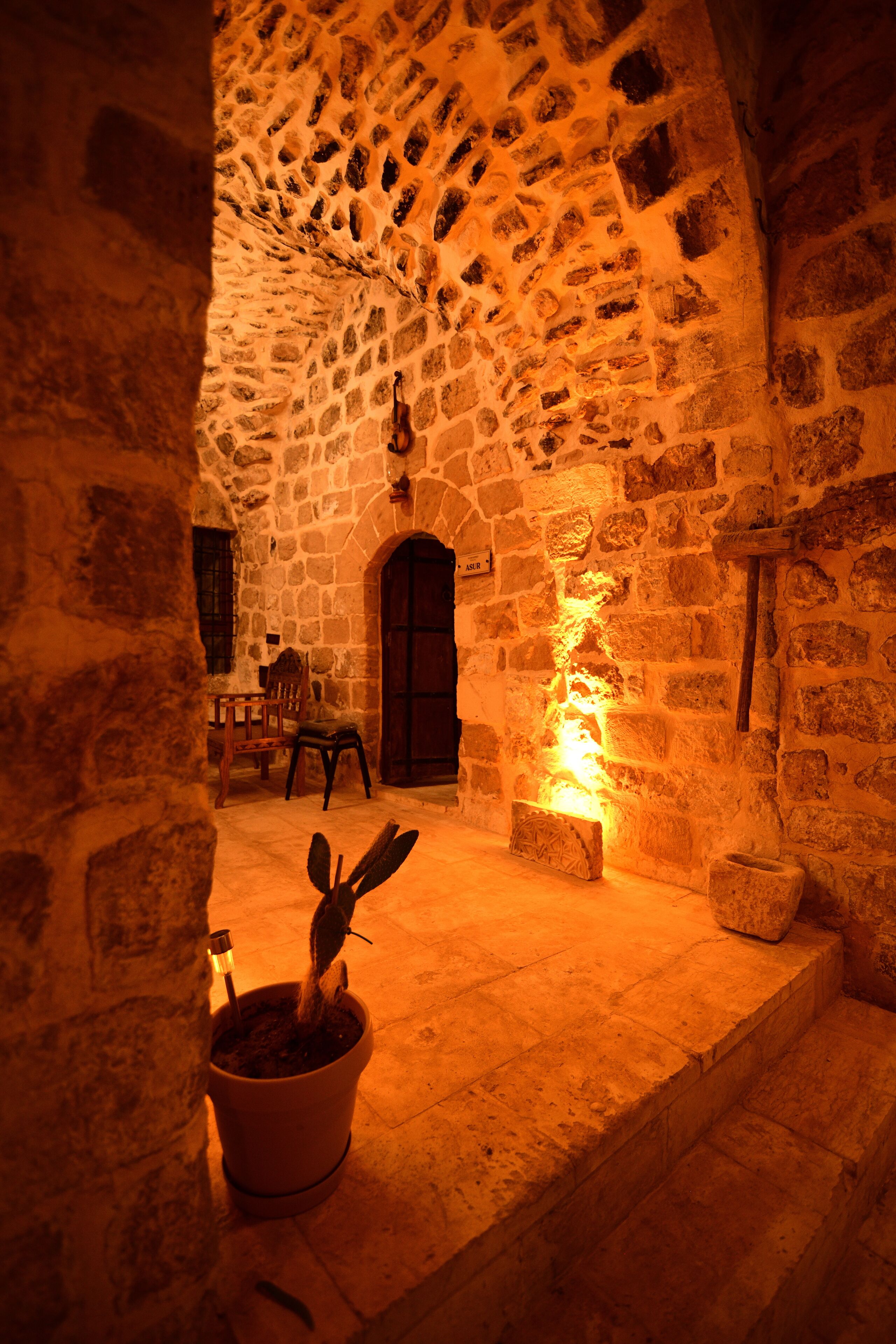 A stone-walled room with a wooden door, a chair, and a potted plant.