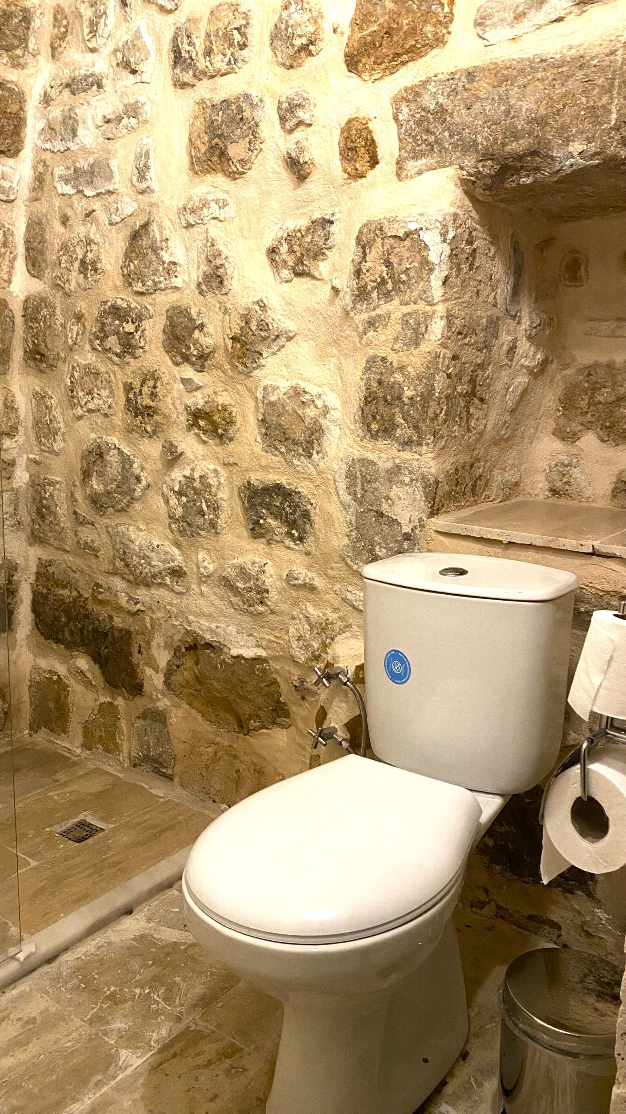 Une salle de bain avec un mur en pierre, des toilettes blanches et une poubelle en métal.
