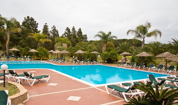 A swimming pool with lounge chairs and umbrellas, surrounded by palm trees and greenery. - Classical Residence Baia Delle Palme 2 Bedroom Apartment Sleeps 6 Persons T6 (Pula)