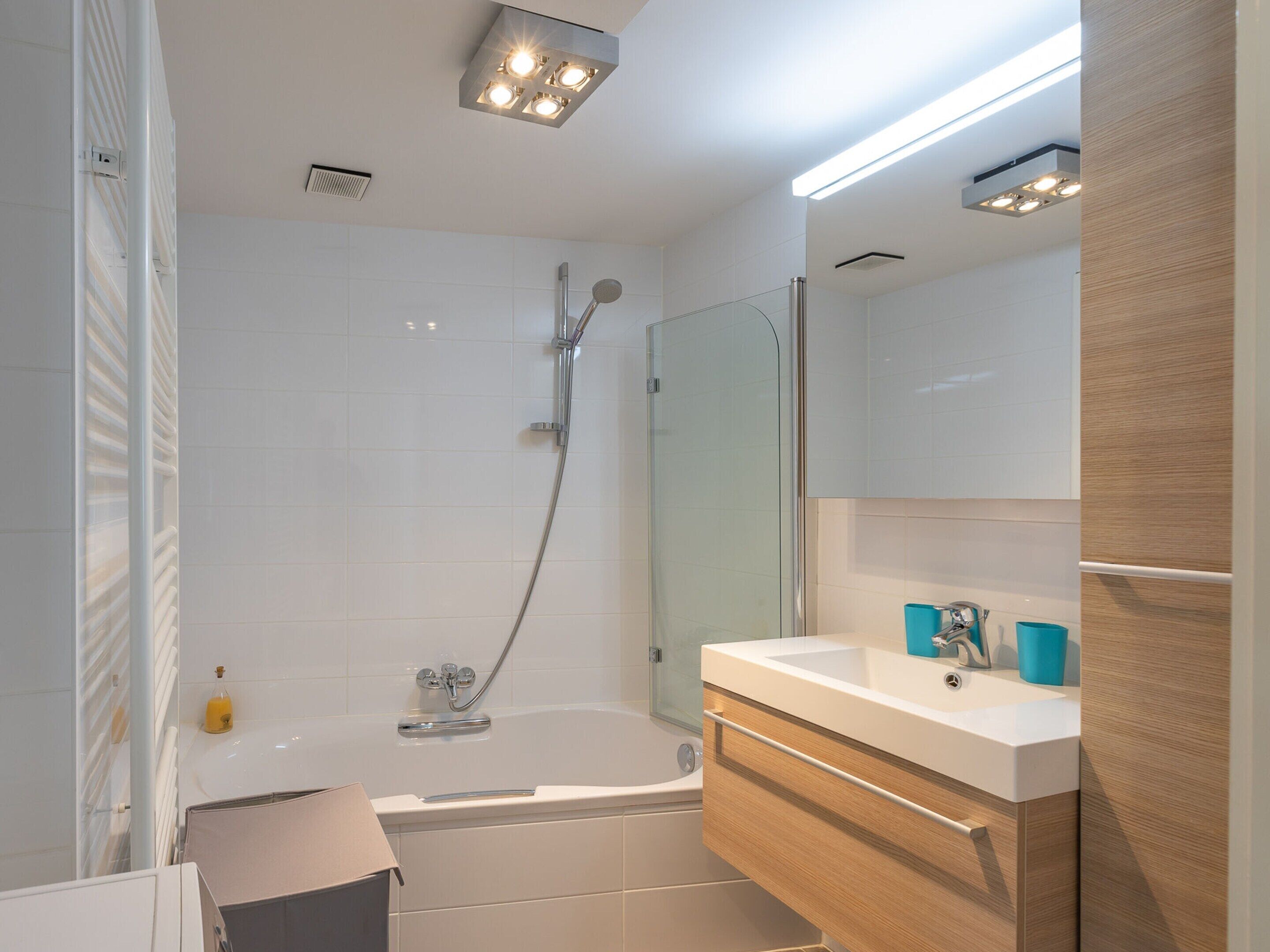 A modern bathroom with a glass shower enclosure, a bathtub, and a vanity with a mirror.