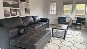 Una televisión, una chimenea, libros, una oficina