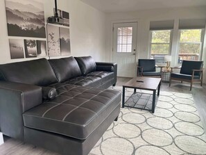 TV, fireplace, books, offices