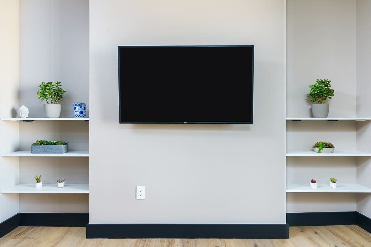A modern room with a mounted TV, white shelves with potted plants, and a wooden floor.