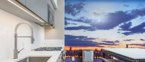 Fridge, microwave, oven, stovetop