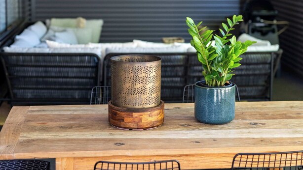 Un coin repas avec une table en bois, des chaises en fil de fer noir, une plante en pot, un récipient en métal perforé et un téléviseur en arrière-plan.