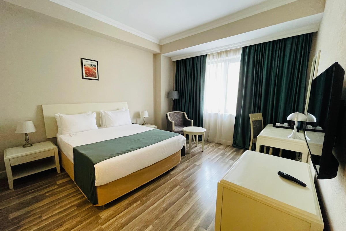 A hotel room with a bed, a desk, a chair, a television, and a window with curtains.