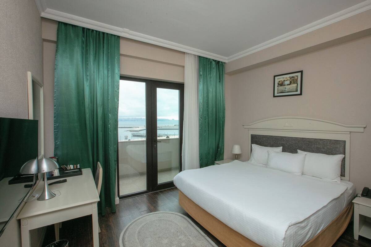 A hotel room with a bed, a desk, a chair, a TV, a window with curtains, and a view of the city.