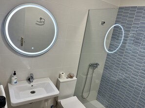 Shower, hair dryer, towels