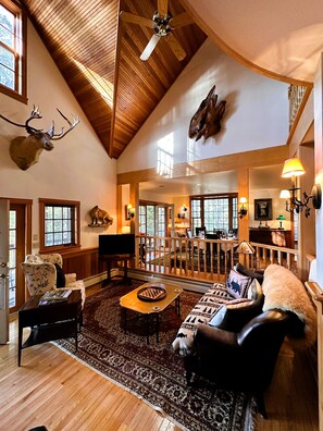 Smart TV, chimenea, libros y biblioteca musical 