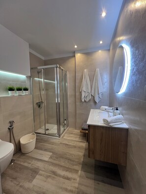 Douche, sèche-cheveux, serviettes fournies, savon