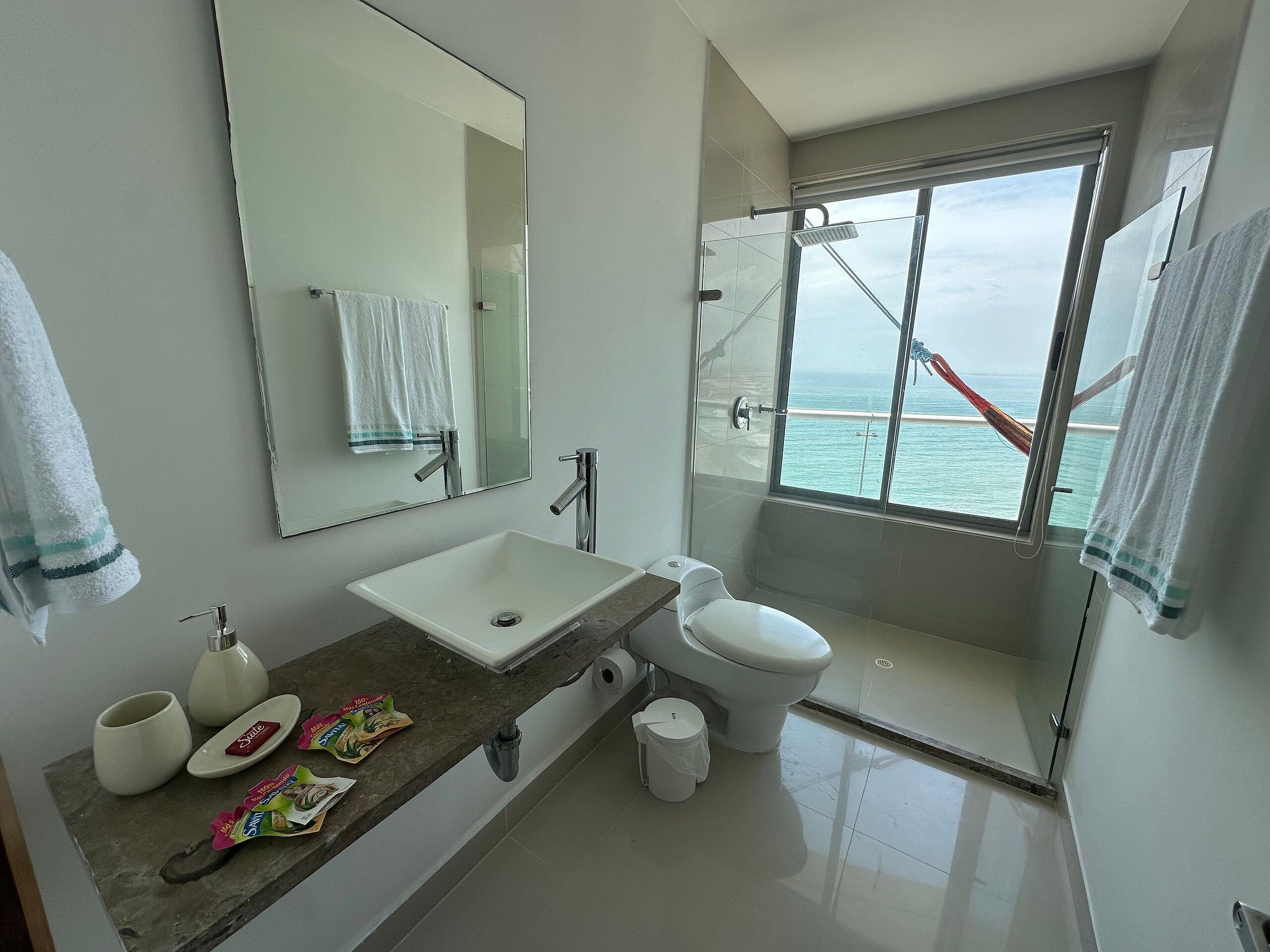 Un baño moderno con un ventanal grande, ducha, lavamanos e inodoro.