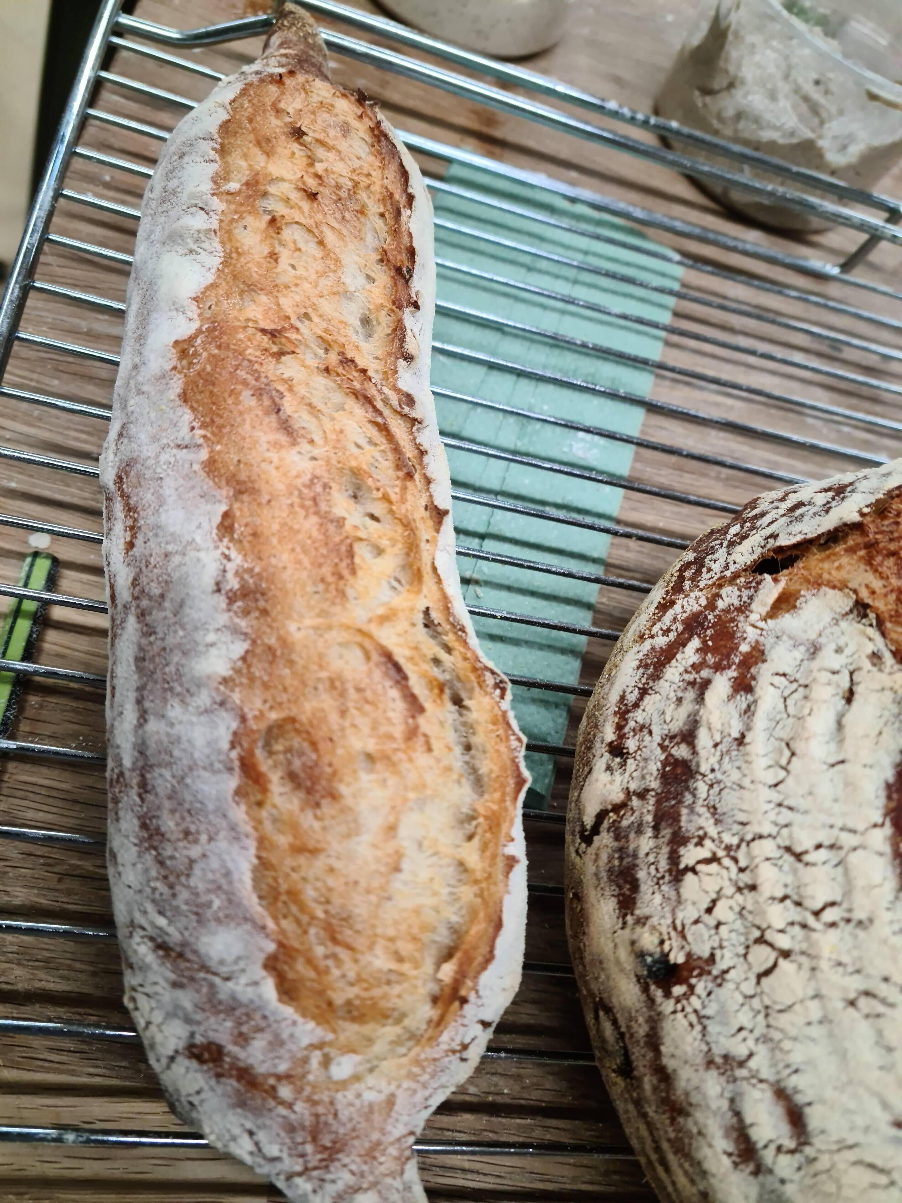 Two loaves of bread on a wire rack.