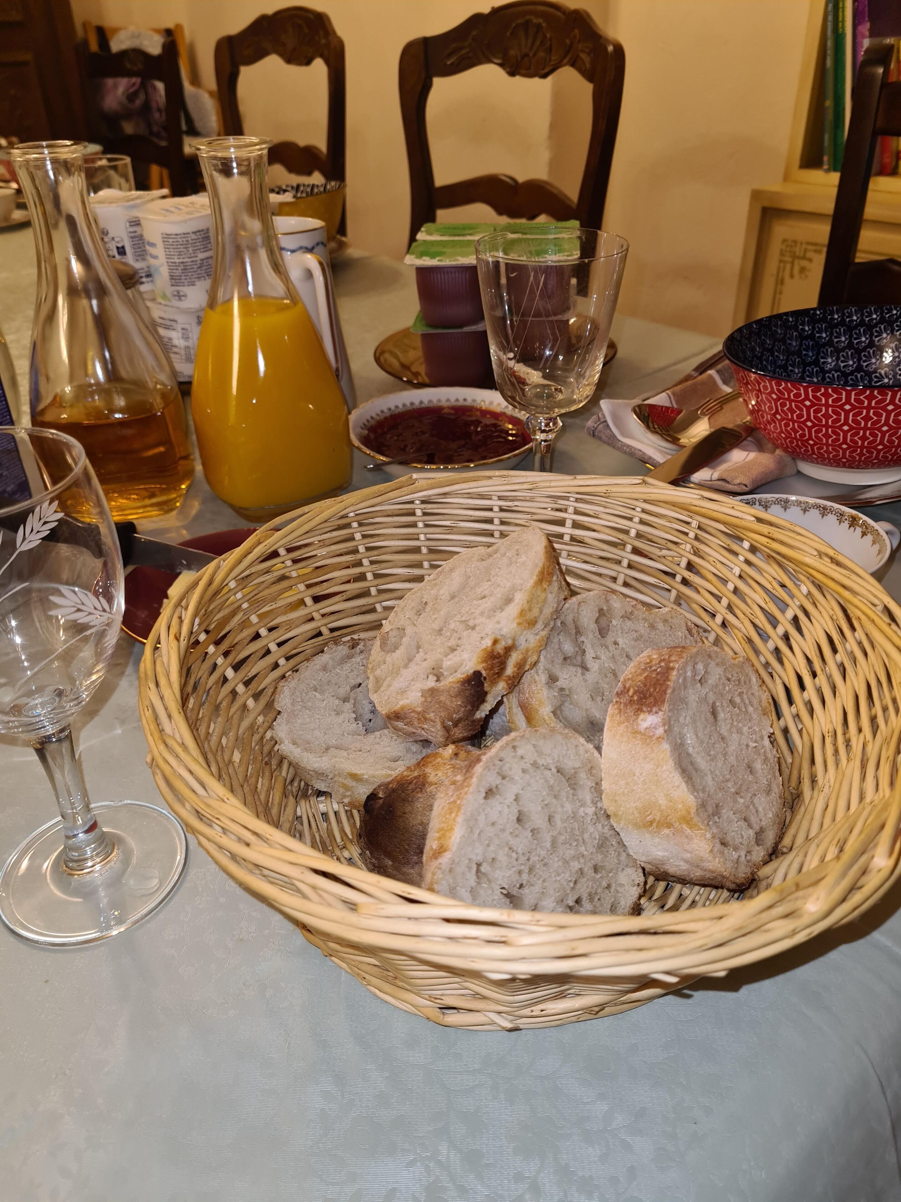 A dining table with a wicker basket filled with sliced bread, a glass of wine, and various condiments.
