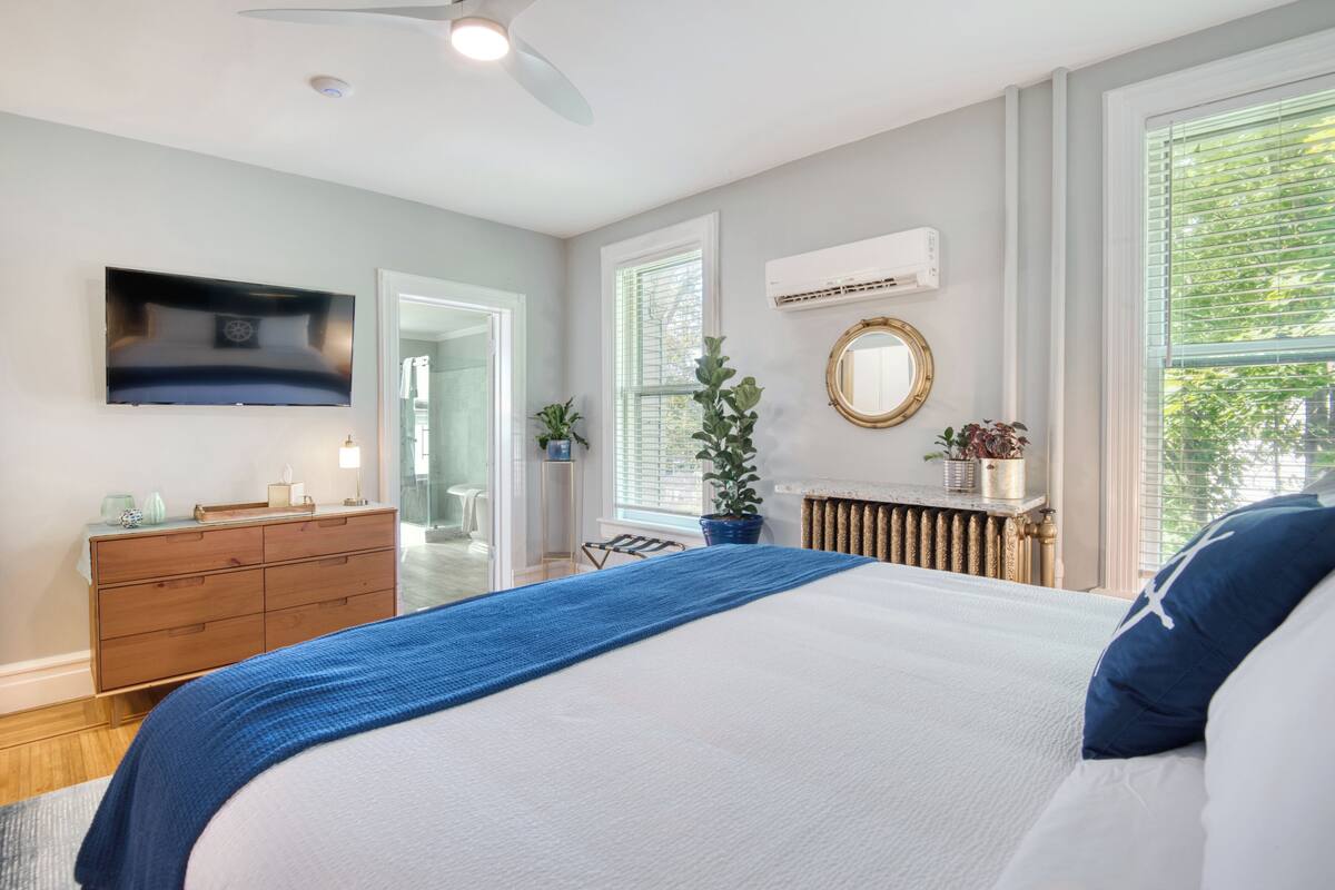 A bedroom with a bed, dresser, TV, potted plants, and a window with blinds.